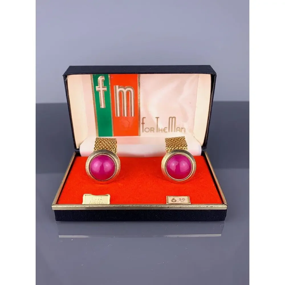 Pink Cabochon Gold Plated Cufflinks Chain Wrap Mid Century Foster Vintage NOS